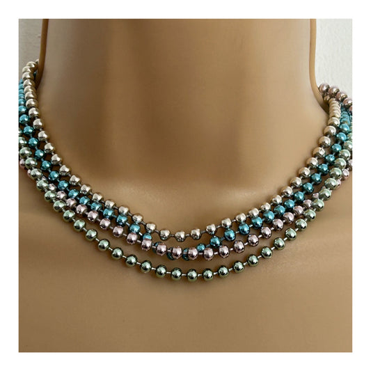 Vintage 1960s Pastel Colour Metal Bead Four Strand Choker Style Necklace