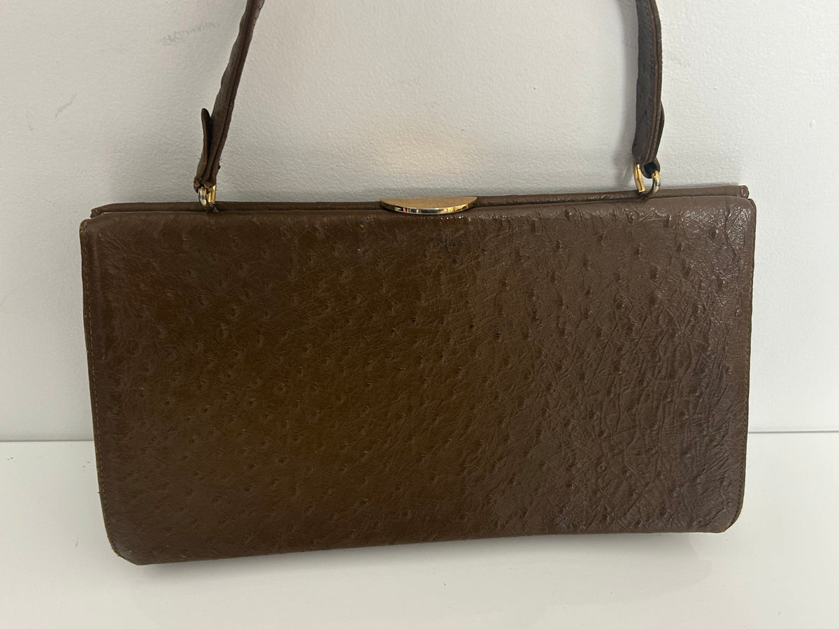Vintage 1960s Large Brown Leather Ostrich Embossed Kelly Style Handbag