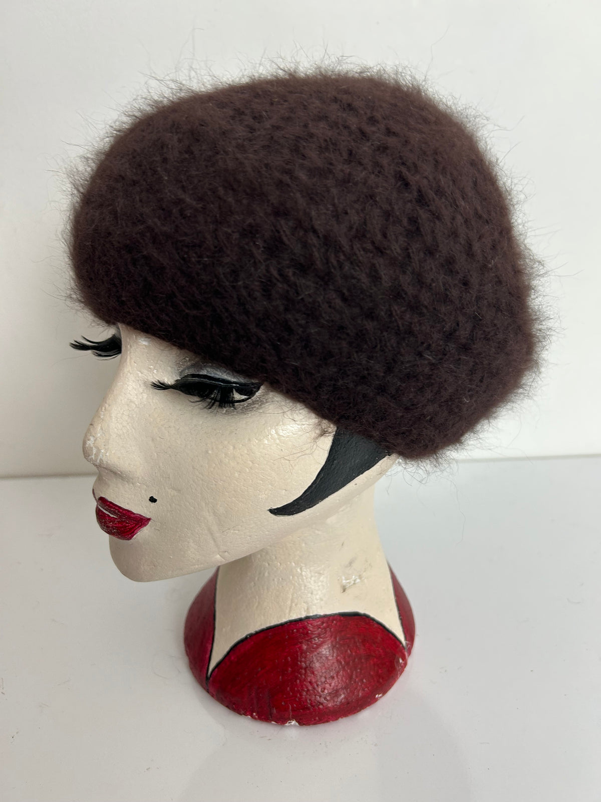 Vintage Handmade Dark Brown Angora & Wool Mix Semi Chunky Knit Beret/Beanie Style Hat