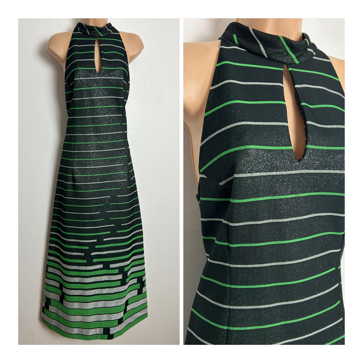 Vintage 1970s LEROSE Size 12 Black Silver & Green Stripe Keyhole Lurex Sleeveless Occasion Maxi Dress