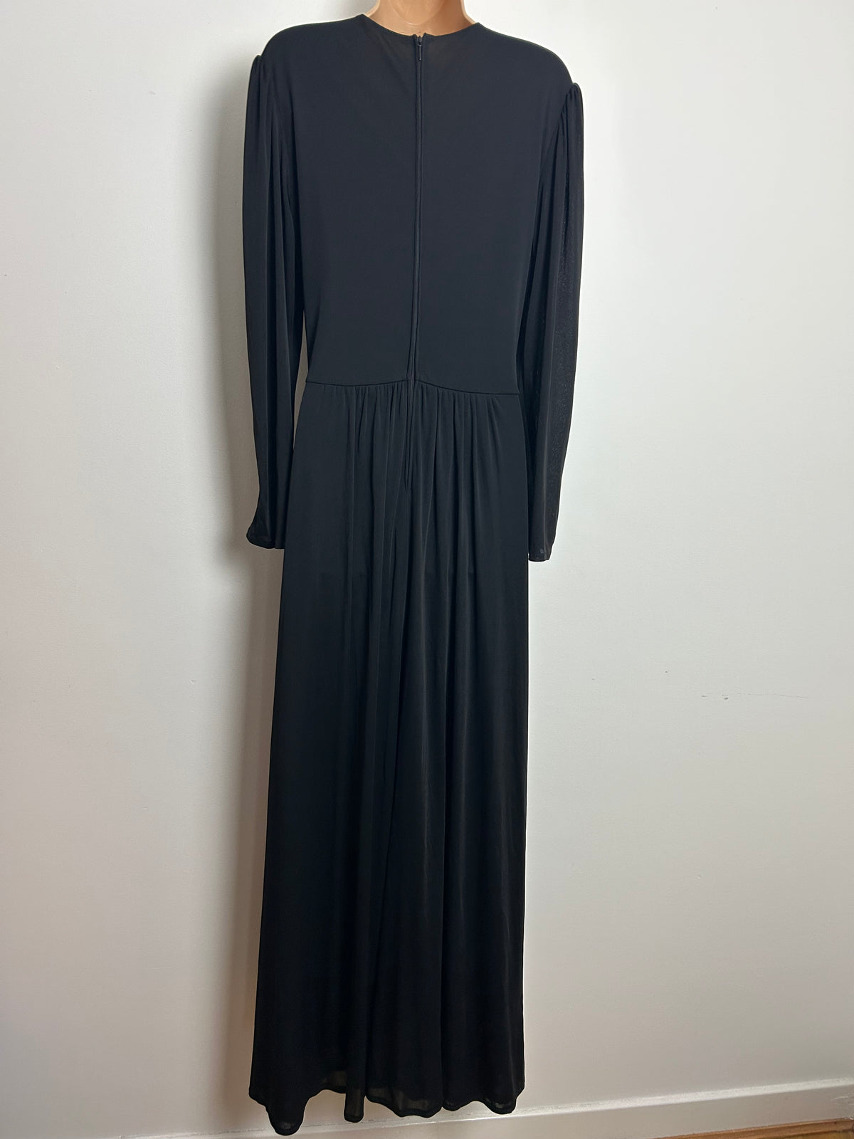 Vintage 1970s VERA MONT PARIS Size 12-14 Black & Silver Stripe Detail Mock Wrap Occasion Evening Maxi Dress
