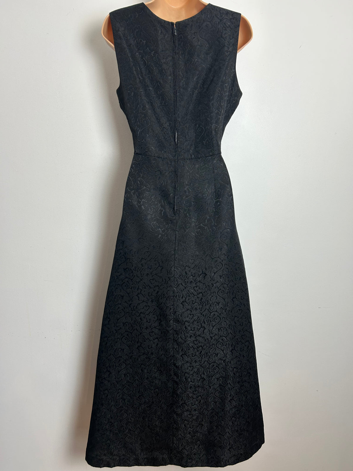 Vintage 1960s Size 8 Black Jacquard Sleeveless Maxi Dress With Mock Pocket Detail