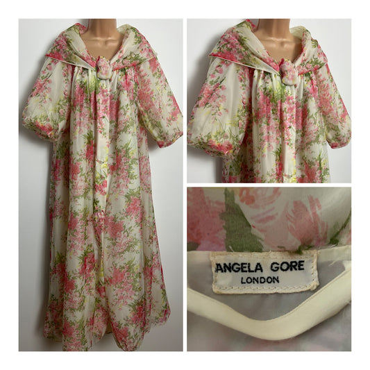 Vintage 1960s ANGELA GORE Size 12 Romantic White Pink & Green Floral Romantic Shawl Collar Hostess Gown