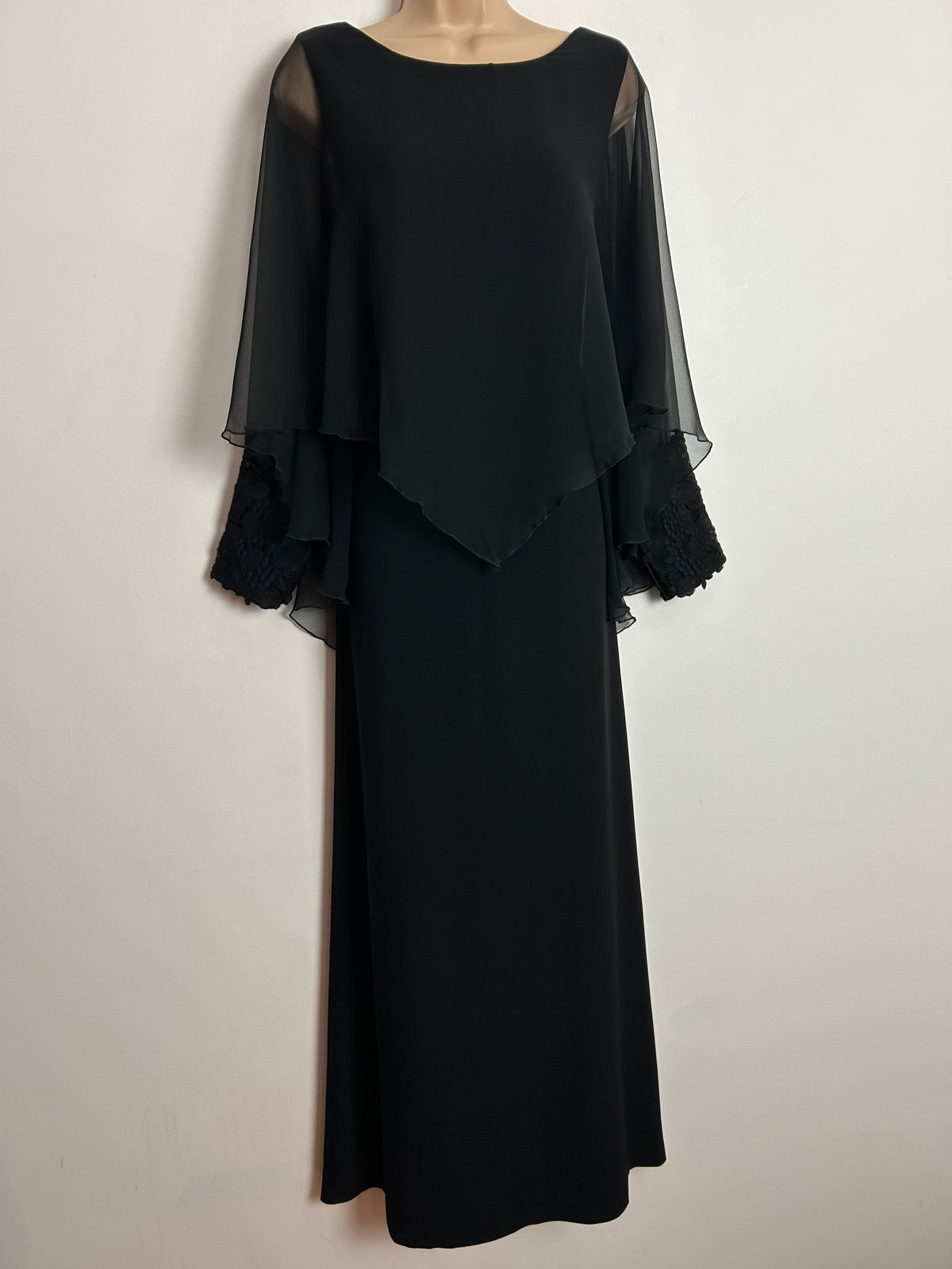 Vintage 1970s UK Size 12 Black Chiffon Cuffed Capelet Occasion Evening Maxi Dress