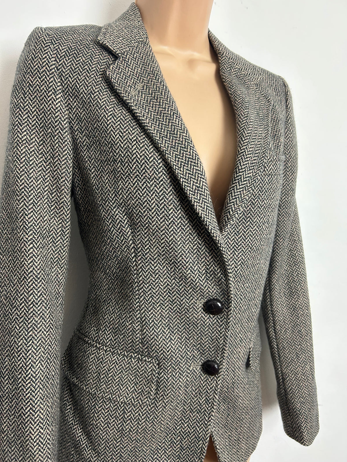Vintage 1980s HASPEL Size 8 Traditional Wool Teed Herringbone Fully Lined Blazer