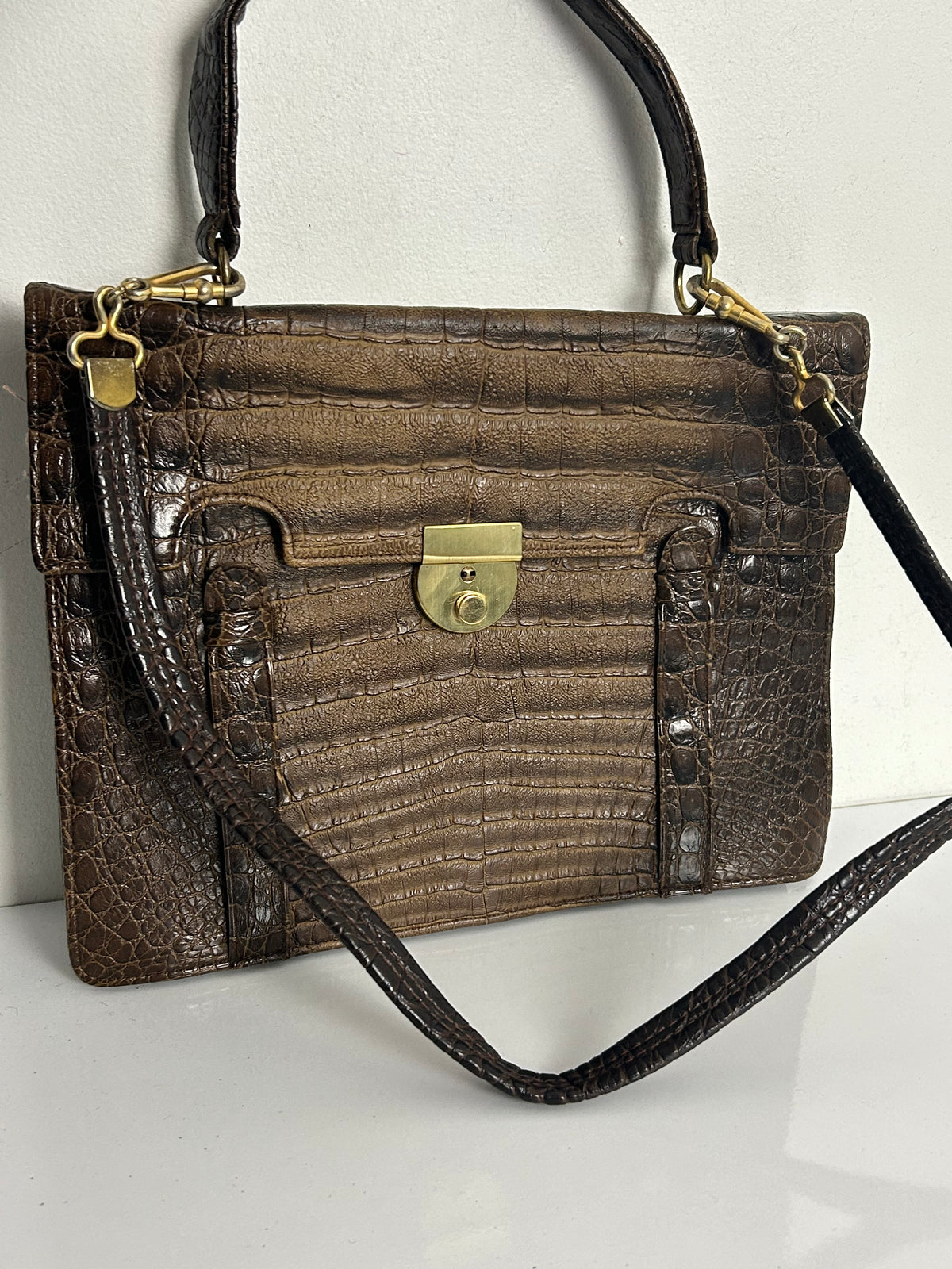 Vintage 1970s Large Brown Real Leather Mock Croc Handbag