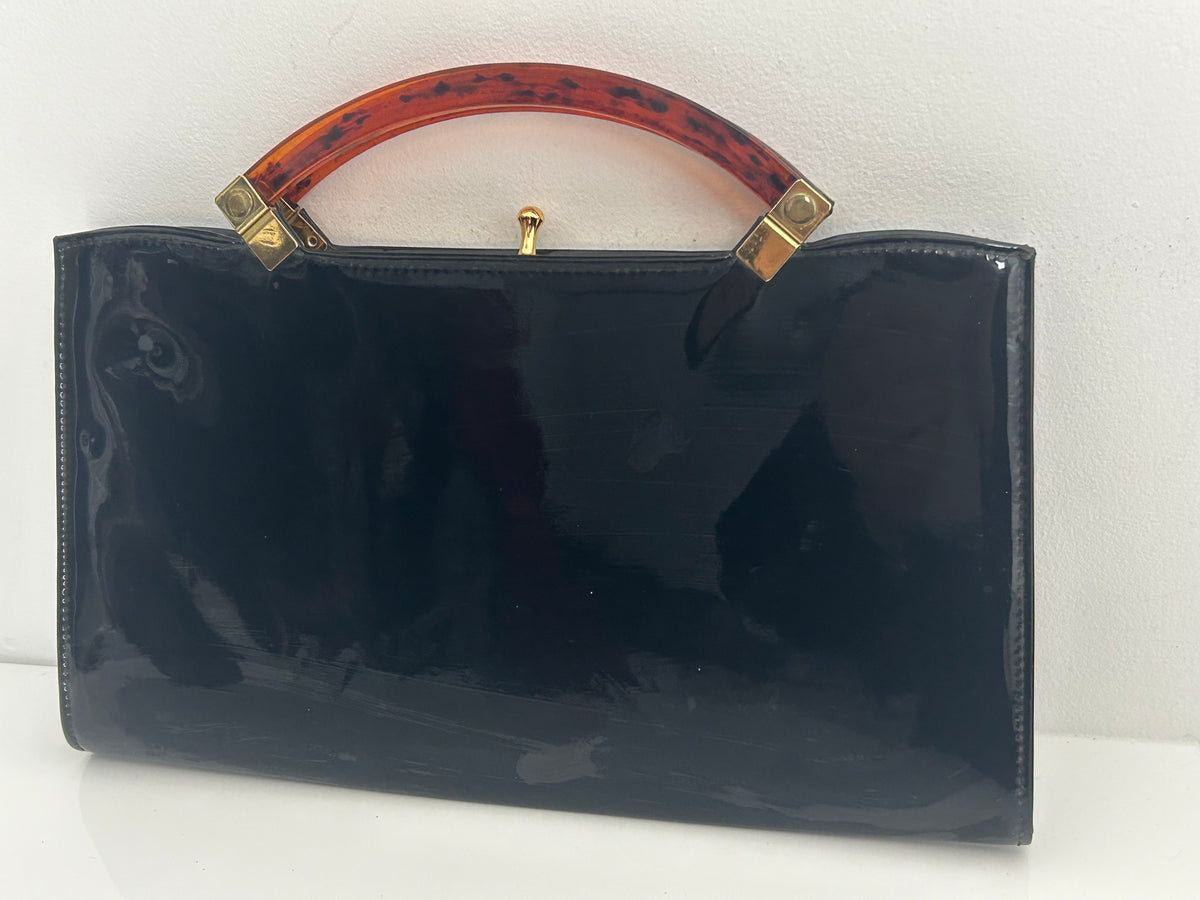 Vintage 1960s ESSELL Fabulous Black Patent Tortoiseshell Handles rectangular Handbag