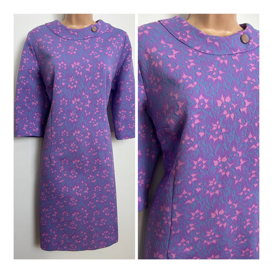 Vintage 1960s Size 14 Violet Pink & Blue Floral Crimplene Mod Shift Dress