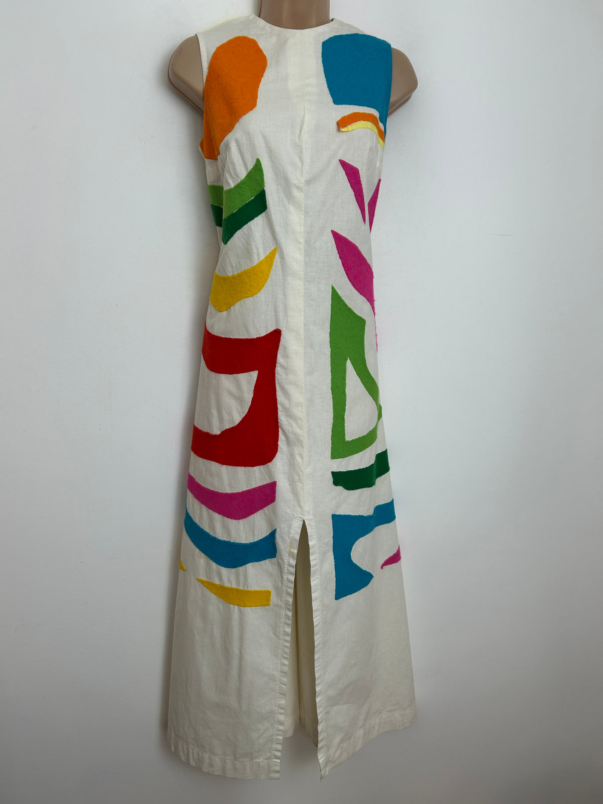 Vintage 1970s Size 10 Natural Cotton Multicolour Felt Applique Sleeveless Summer Kaftan Style Midaxi  Dress