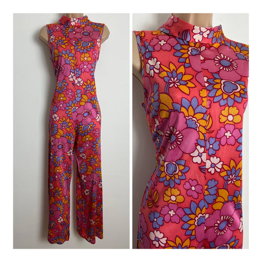 Vintage Early 1970s Size 8 Coral Pink Blue & Mustard Yellow Floral Print Sleeveless Jumpsuit