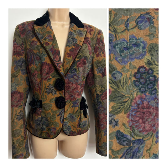 Vintage 1980s S.T.I.F.F Size 10-12 Burnt Orange Green & Dark Red Floral Wool Mix Velvet Trim Jacket