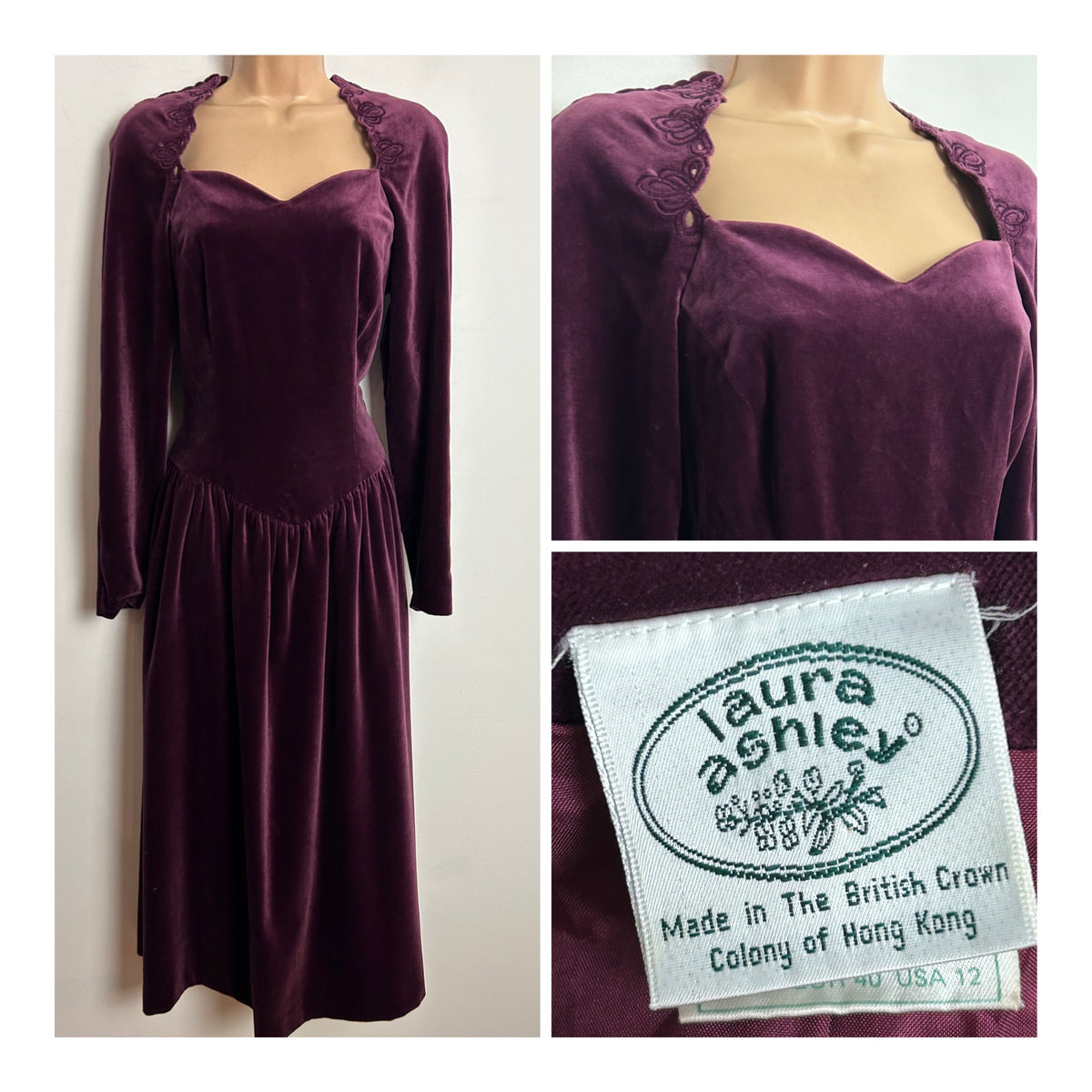Vintage 1980s LAURA ASHLEY Made In British Crown Colony Of Hong Kong UK Size 10 Plum Purple Velvet Scallop Neck Midi Dress