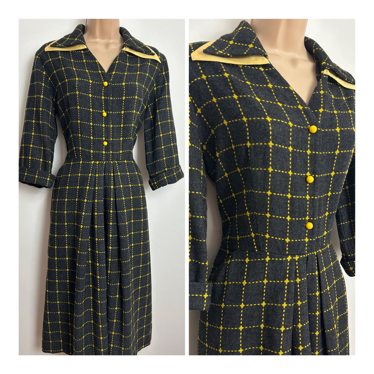 Vintage 1950s Size 12 Dark Grey & Yellow Check Pattern Pleated Wool Blend Pleated Day Dress