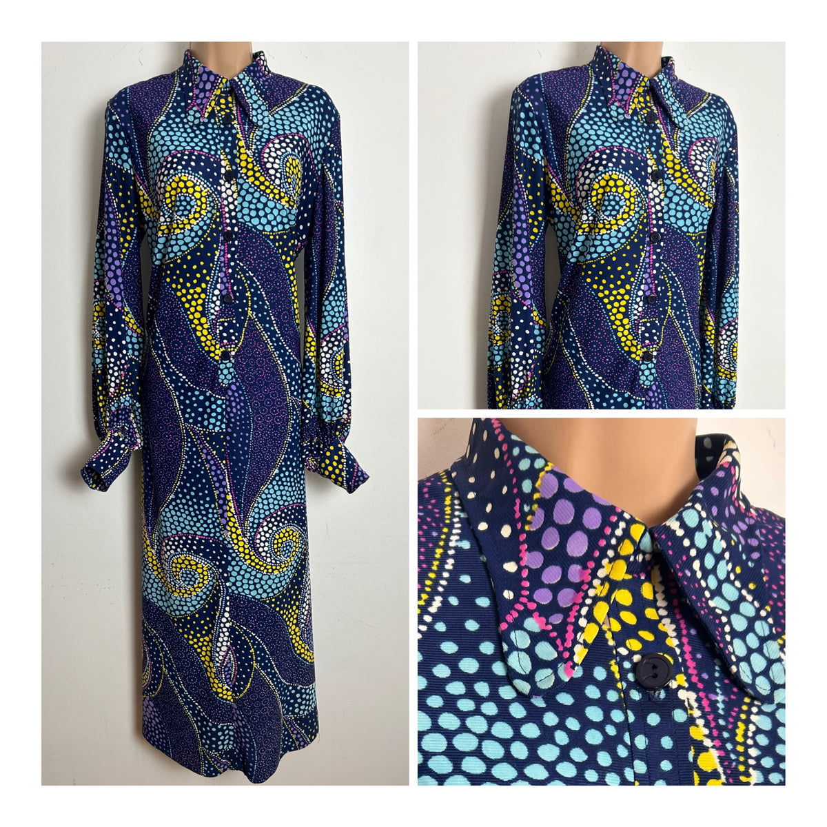 Vintage 1970s DELSWA Size 14-16 Navy Blue Multicoloured Spotty Paisley Print Balloon Sleeve Maxi Dress