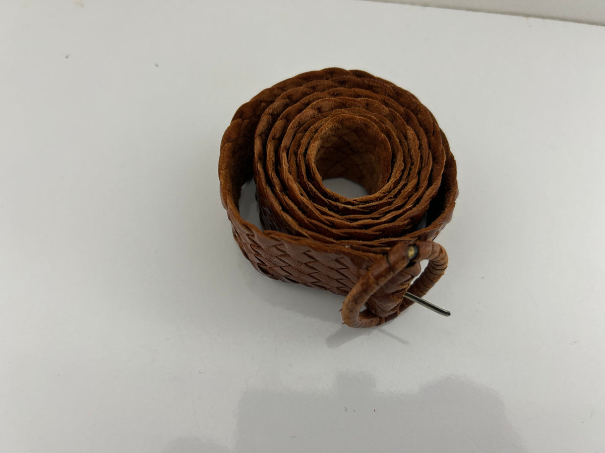 Vintage 1970s Tan Brown Leather Woven Belt Up To 36" Waist