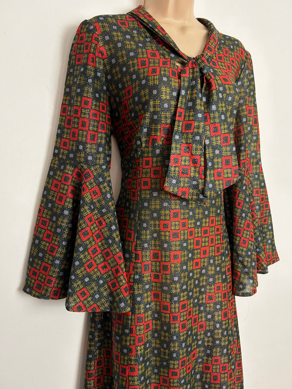 Vintage 1970s UK Size 14 Black Red Gold & Silver Lurex Geo Print Scarf Neck Tie Back Maxi Dress