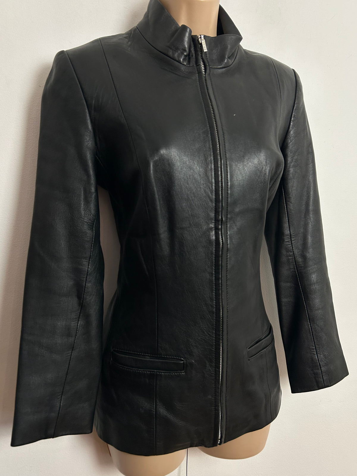 Vintage 1990s UK Size 8-10 "HUGO" Black Leather Zip Fronted Long Sleeve Jacket