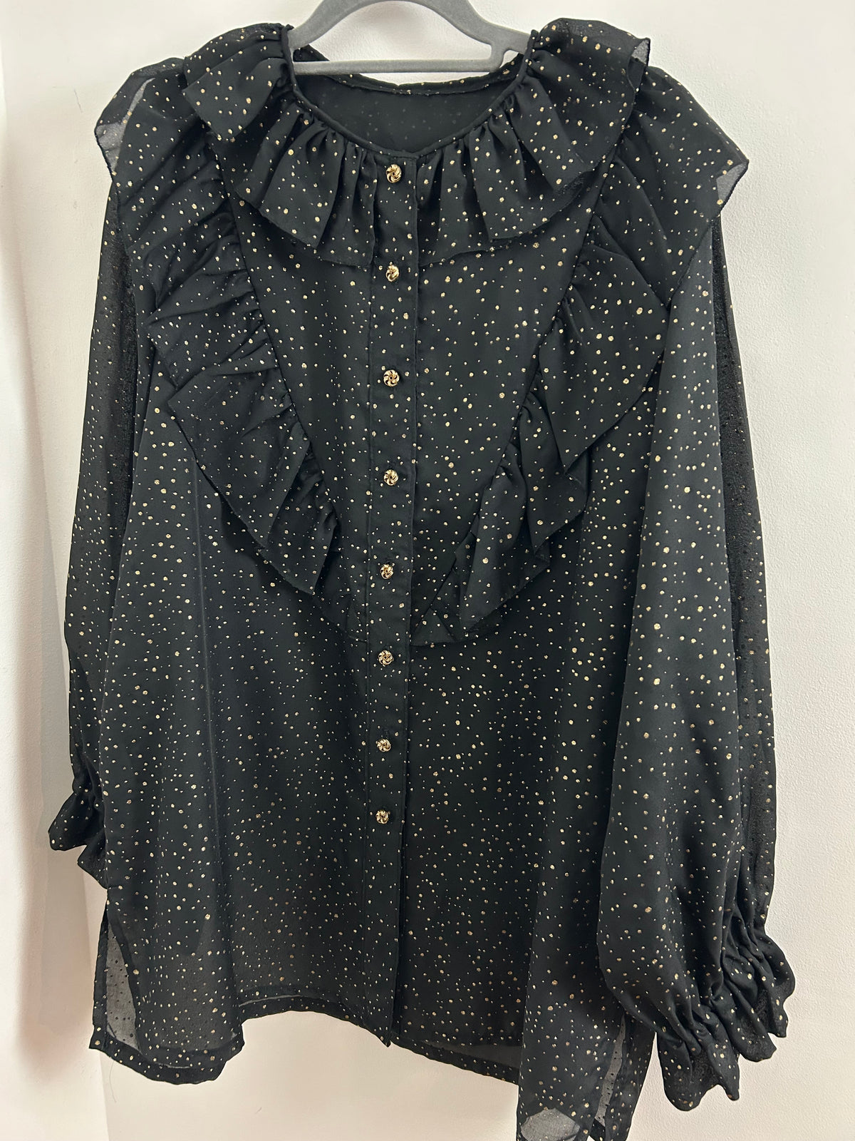 Vintage 1980s Size 16/18 Black & Gold Glittery Spot Pattern Ruffle Trim Long Sleeve Blouse