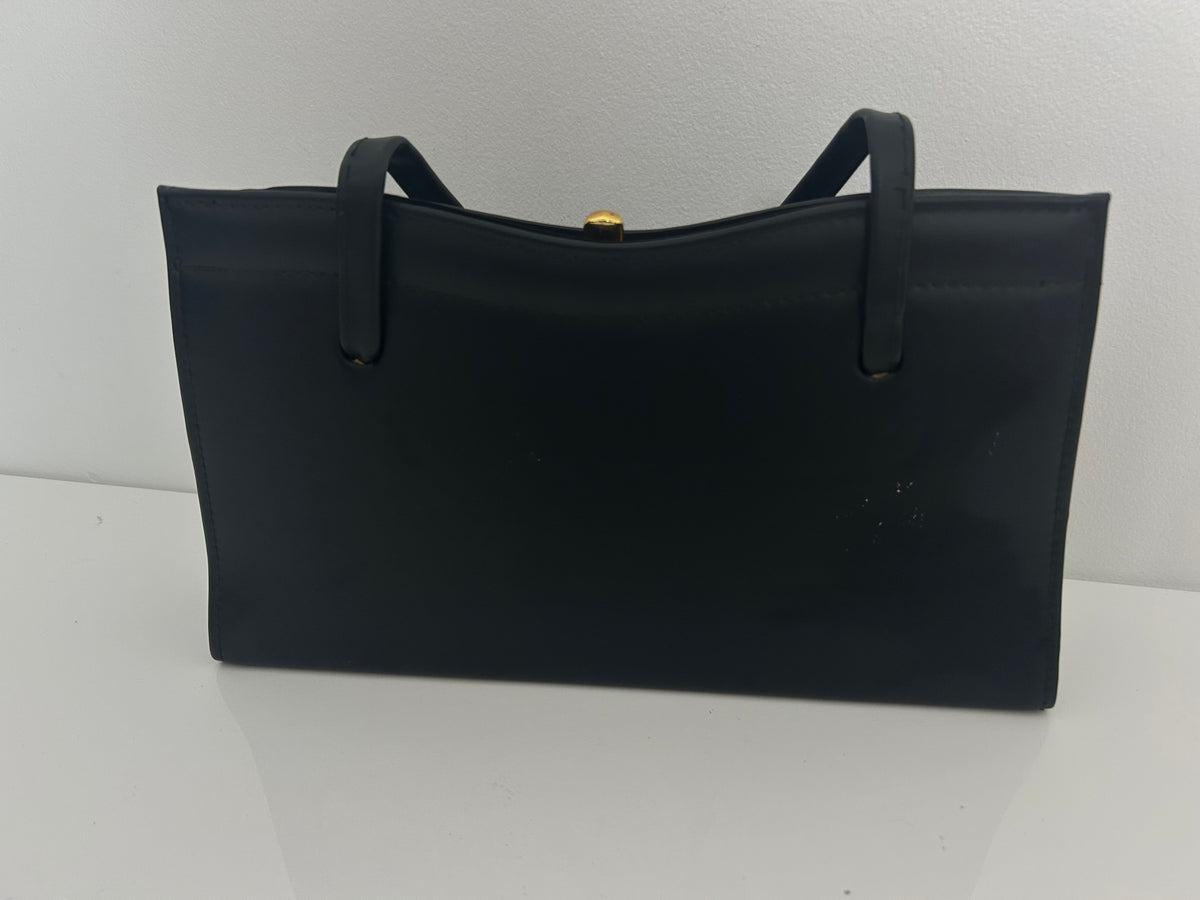 Vintage 1960s Black Faux Leather Lovely Shape Kelly Style Handbag