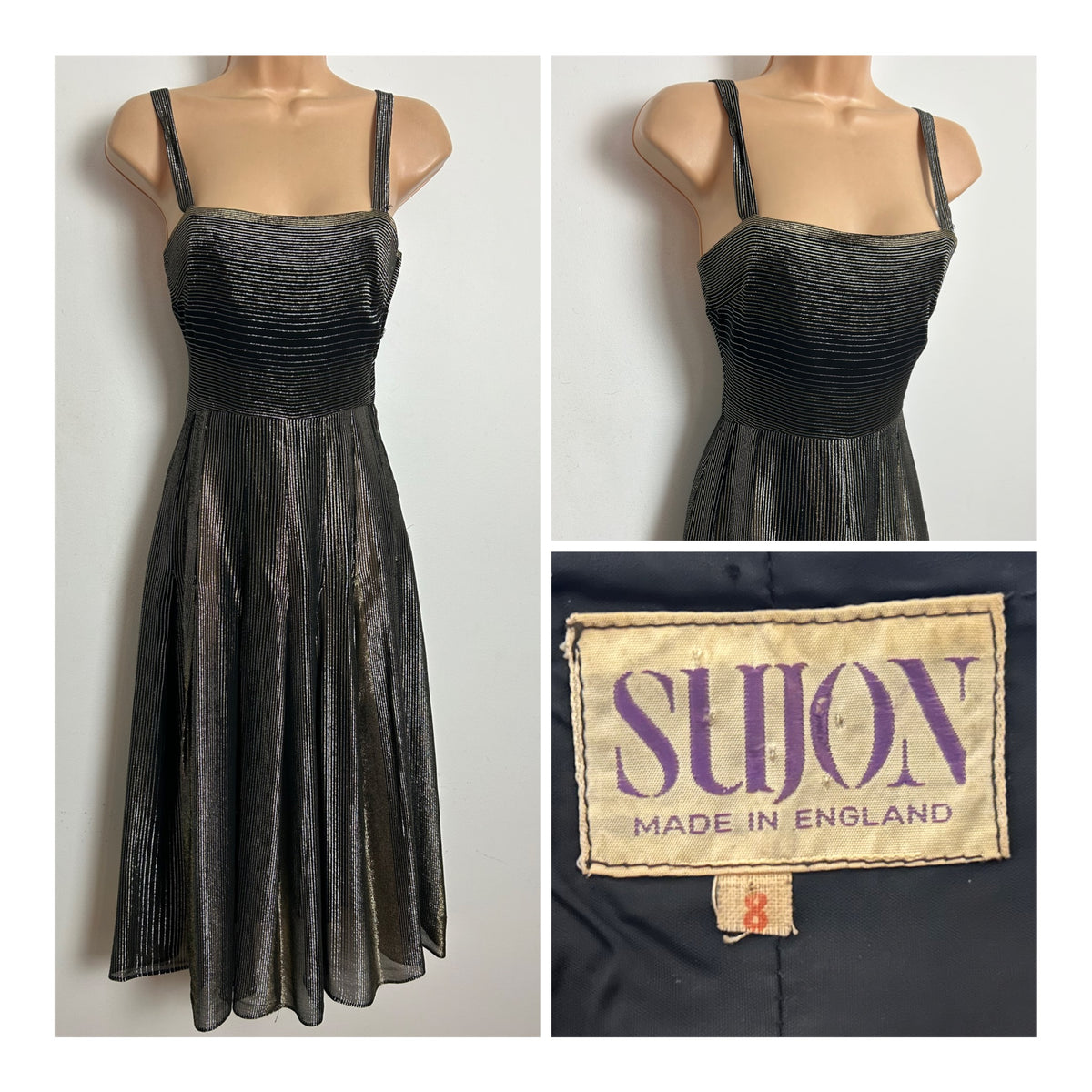 Vintage RARE 1970s SUJON Size 6 Black Pinstripe Lurex Christmas Party Evening Dress