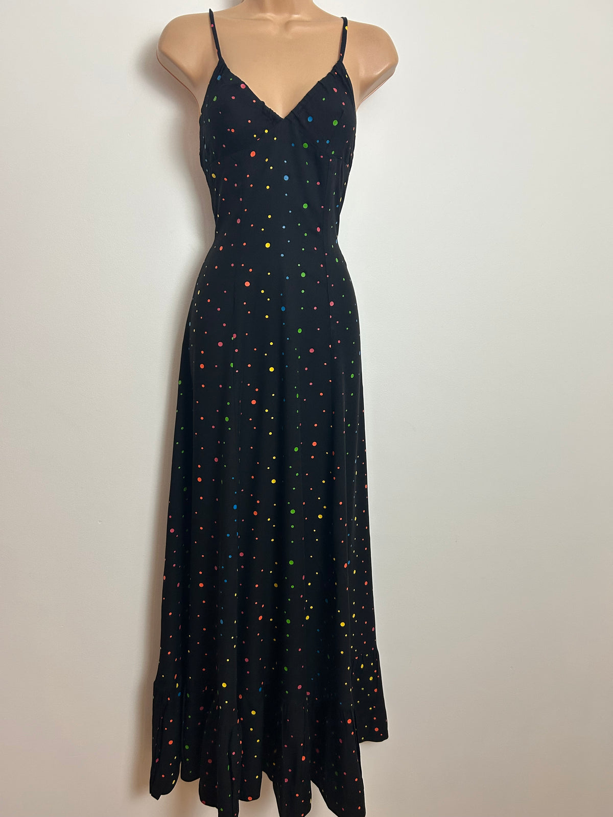 Vintage 1970s DOMINO-D Size 6-8 Black & Multicolour Spot Print Halterneck Maxi Dress