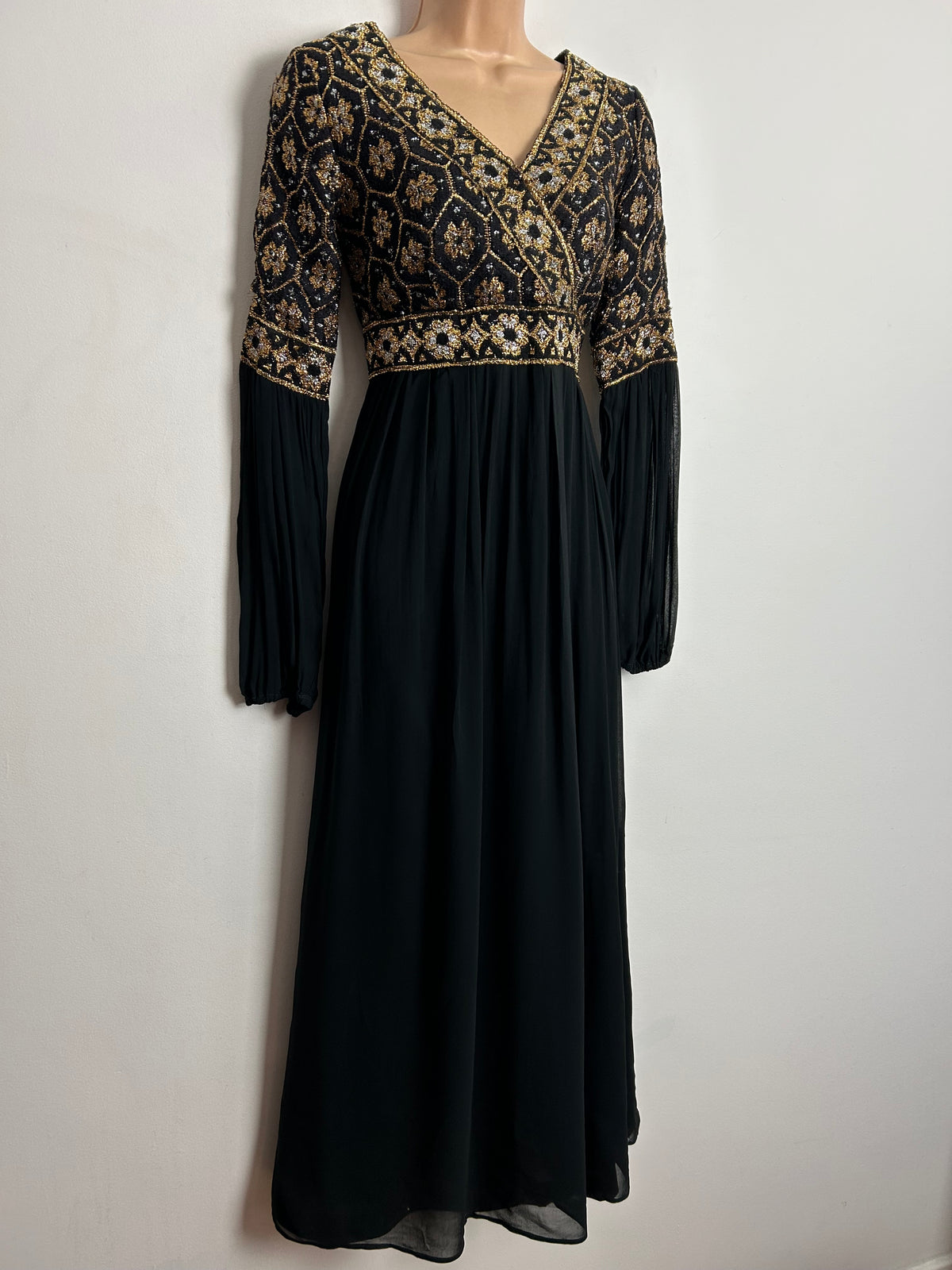 Vintage 1970s UK Size 10 Black Gold & Silver Brocade & Chiffon Crepe Occasion Evening Maxi Dress