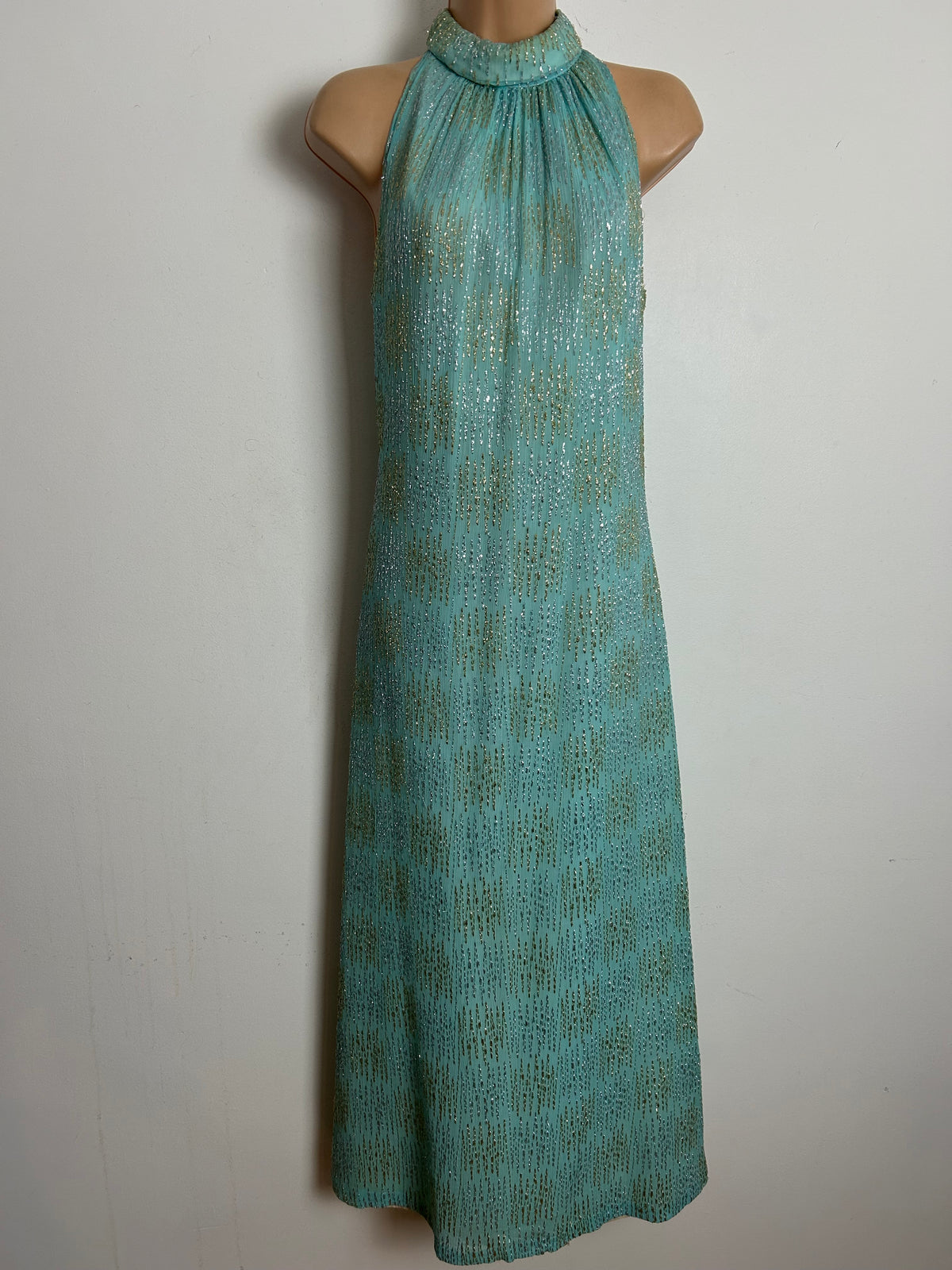 Vintage 1960s Size 8 Pale Duck Egg Blue Gold & Silver Thread Occasion Evening Maxi Dress