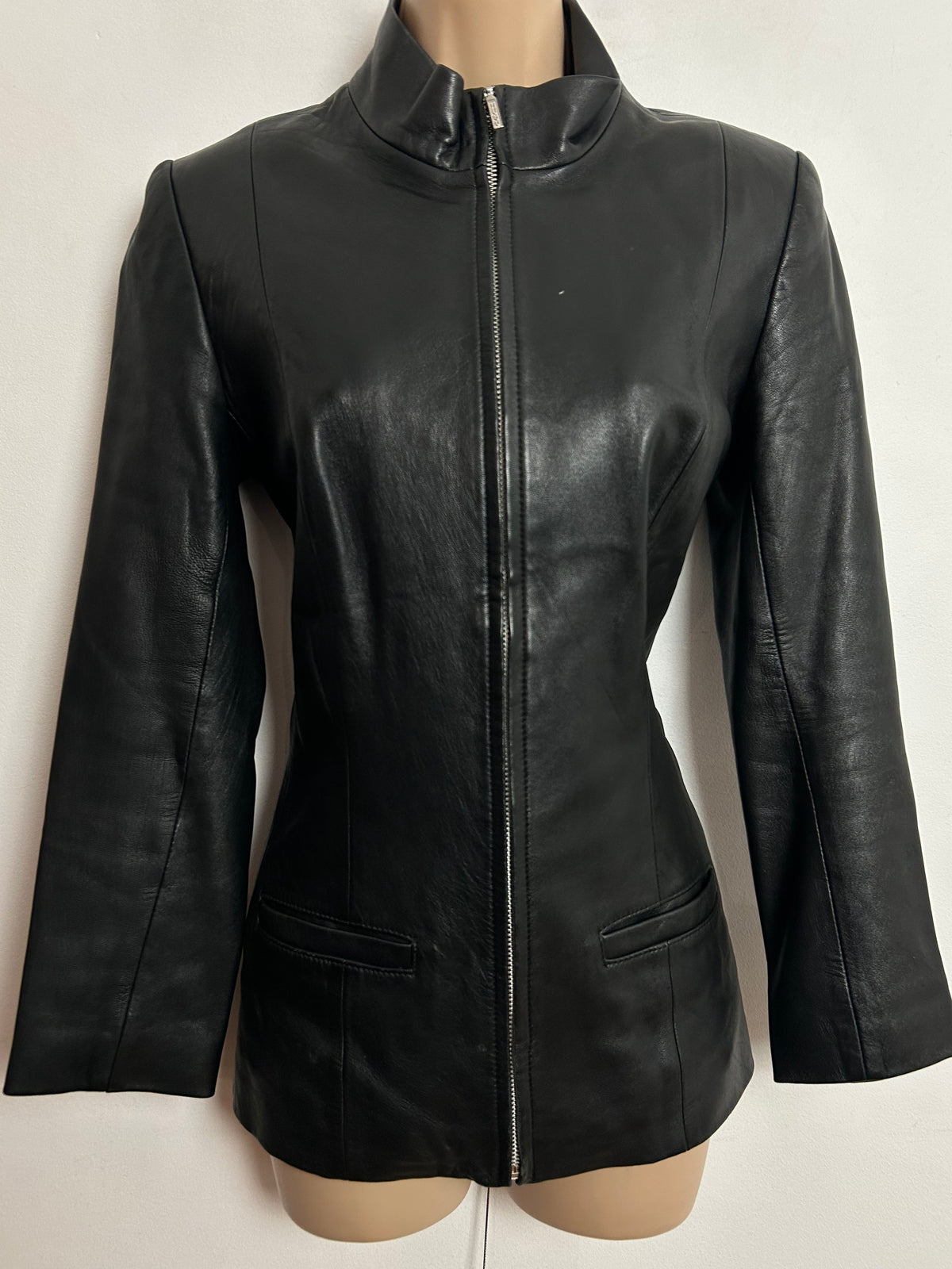 Vintage 1990s UK Size 8-10 "HUGO" Black Leather Zip Fronted Long Sleeve Jacket