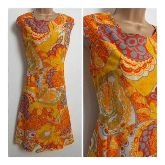 Vintage 1960s Size 12-14 Orange Yellow Grey Psychedelic Floral Print Summer Mod Dress