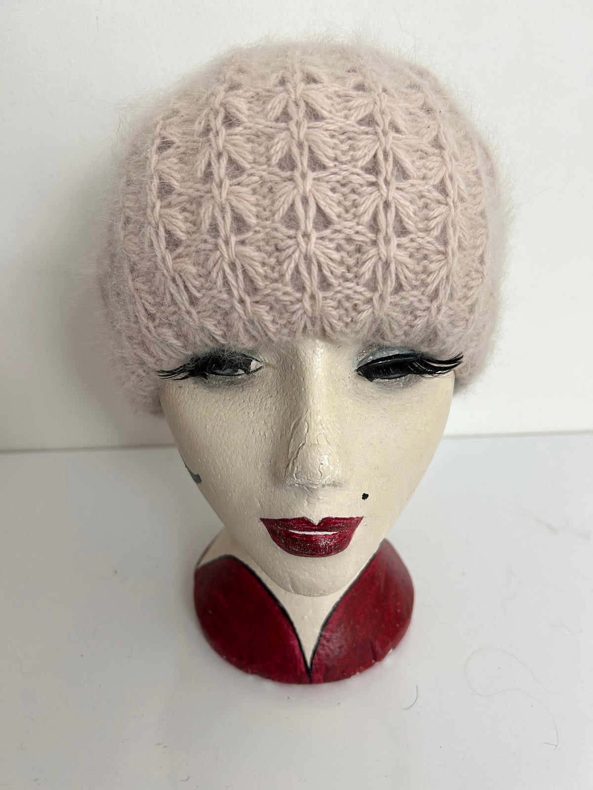 Vintage Pale Nude Pink Wool & Angora Chunky Knit Reversible Beanie/Beret Style Hat