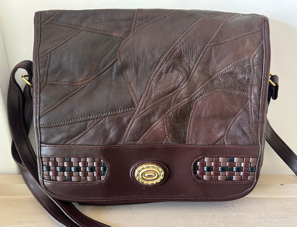 Vintage 1980s Brown Leather Patchwork Style Shoulder Or Cross Body Bag