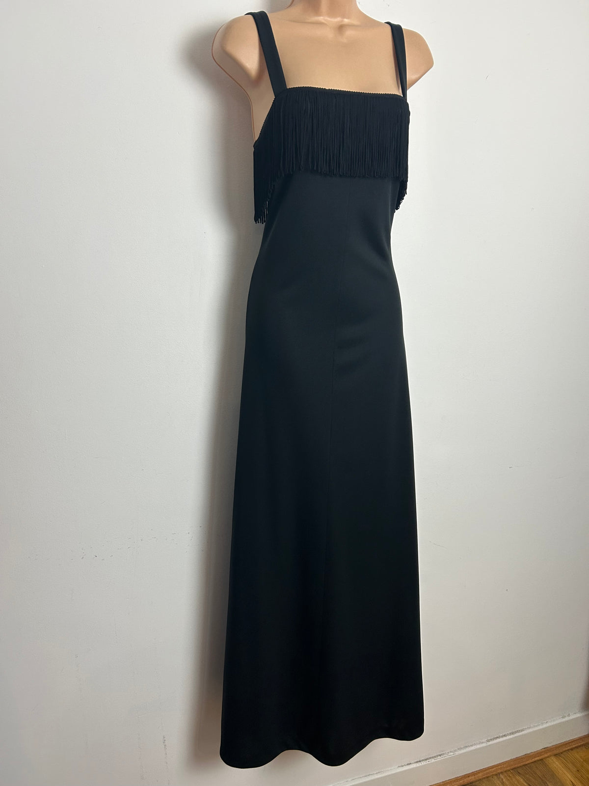 Vintage 1970s Size 8 Black Fringe Tassel Detail Evening Maxi Dress