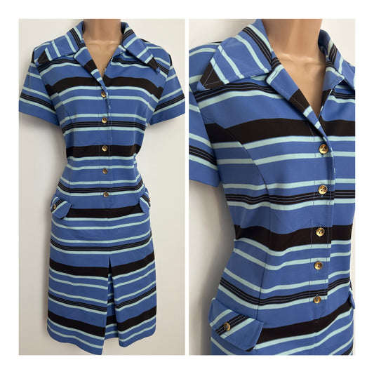 Vintage 1960s Size 10-12 Blue & Brown Stripe Print Dagger Collar Mod Dress