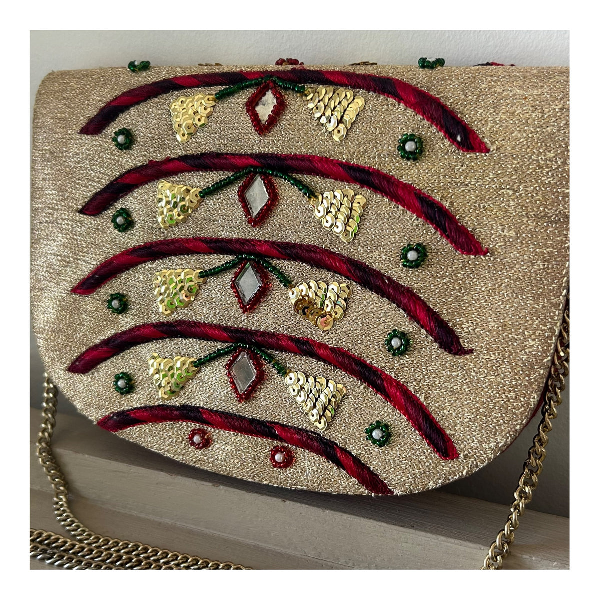 Vintage 1970s REGAL Small Red & Metallic Gold Mirror Sequin Bead & Embroidered Detail Shoulder Bag