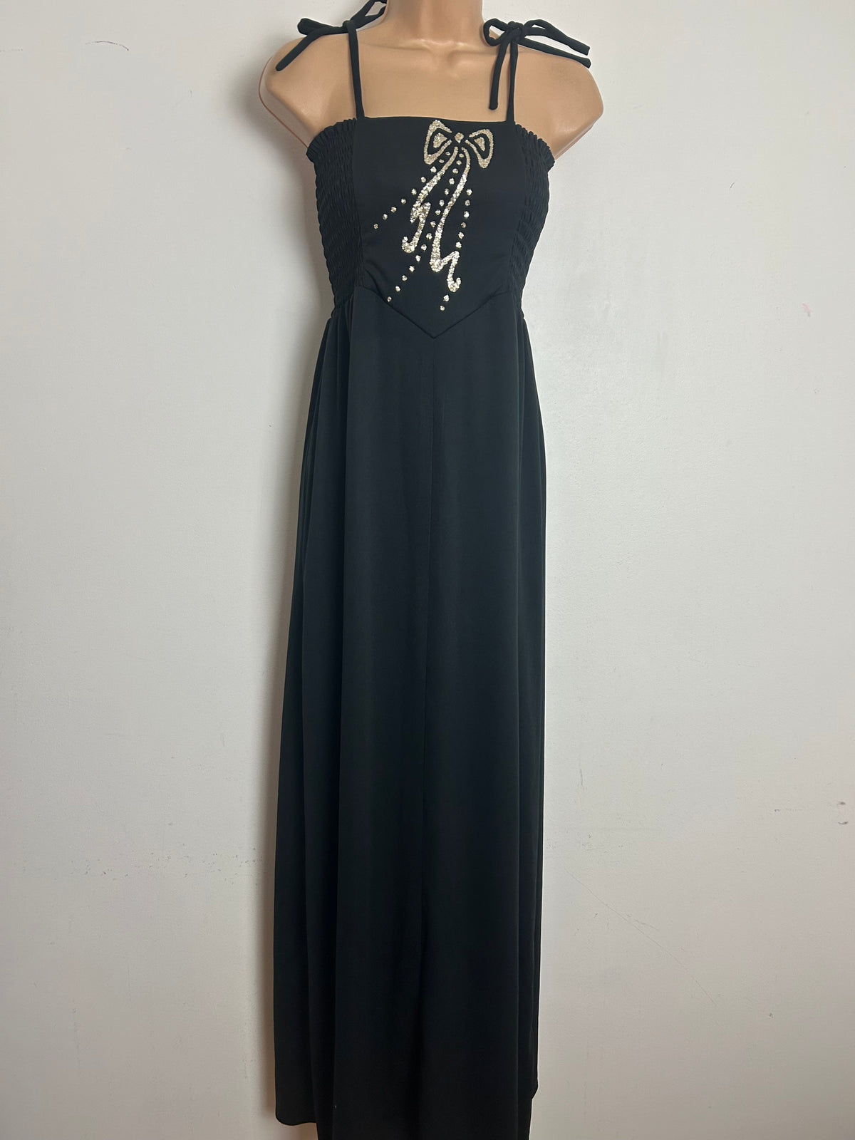 Vintage 1970s Size 10-12 Black Tie Shoulder Shirred Bodice Gold Glitter Bow Detail Maxi Dress