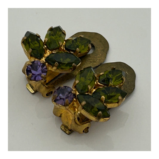 Vintage 1960s Pretty Gold Tone Green & Purple Set Leaf Style Clip On Earrings