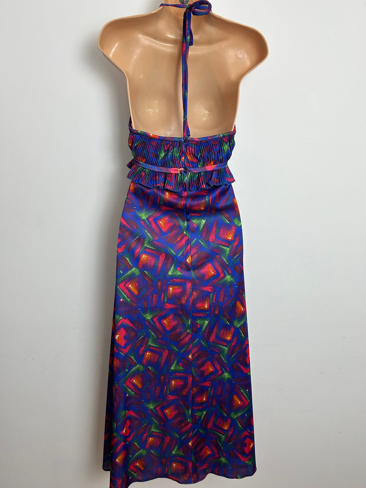 Vintage 1970s AFTER SIX BY RONALD JOYCE Size 10 Blue Red & Green Abstract Check Print Halter Neck Midi Dress