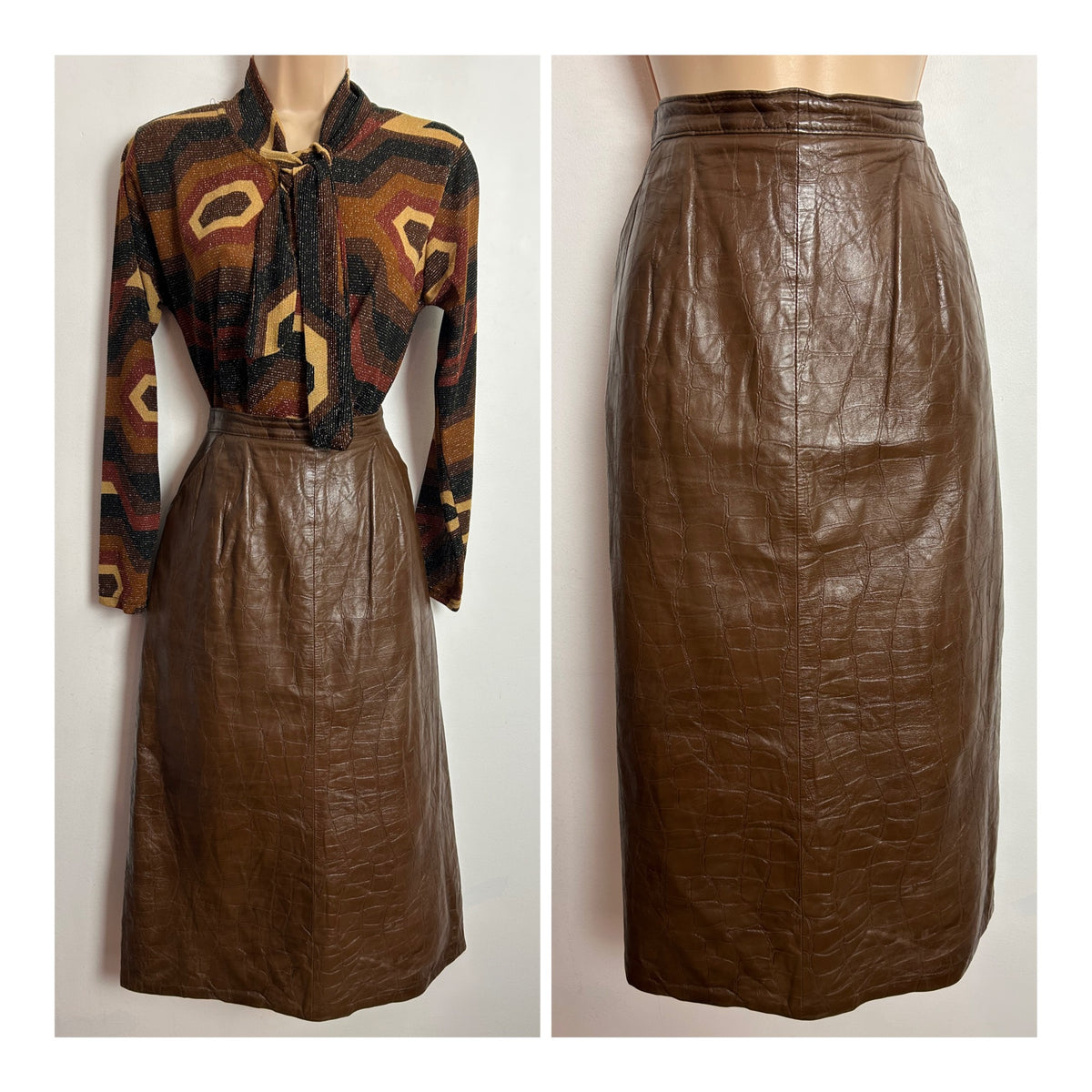 Vintage 1980s UK Size 6-8 Brown Leather Mock Crock Pencil Skirt