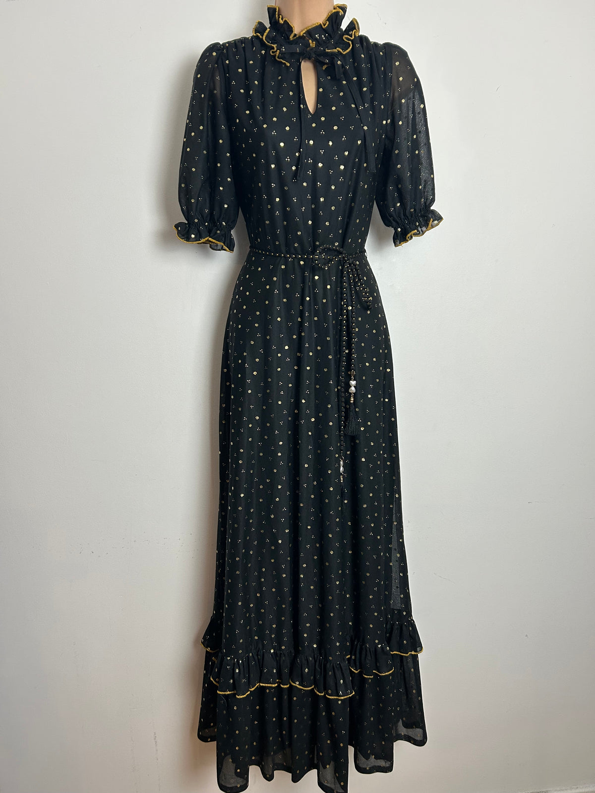 Vintage 1970s Size 10 Black & Metallic Gold Spot Print Belted Prairie Evening Maxi Dress