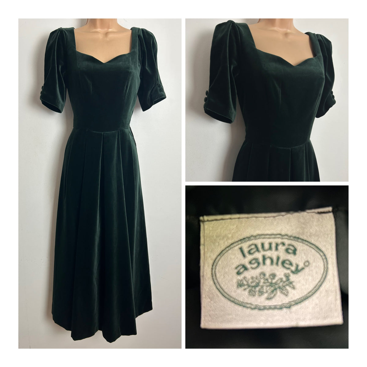Vintage 1980s LAURA ASHLEY Size 8 (10 On Label) Bottle Green Velvet Pleated Midi Dress