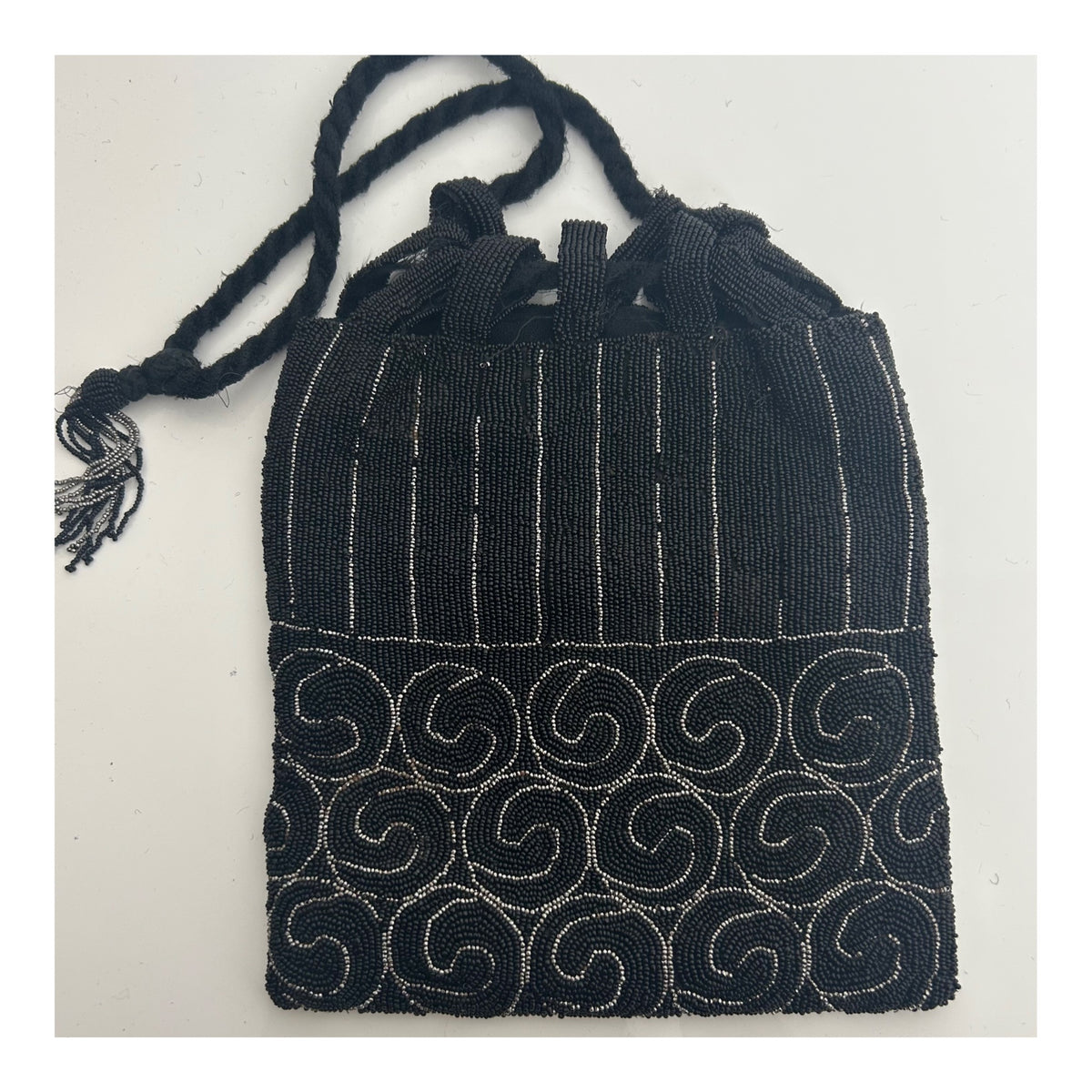 Vintage Circa 1920s Black & Silver Micro Beaded Swirl Pattern Pouch Style Flapper Bag