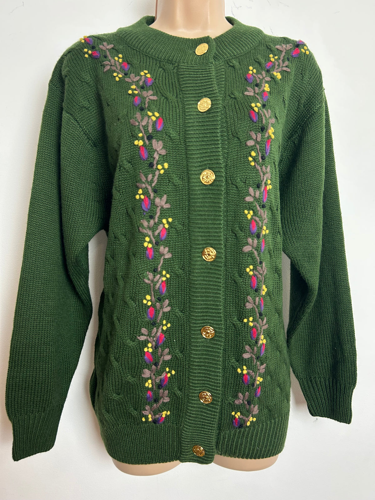 Vintage 1980s Up To Size 14 Dark Green Leaf Embroidered Wool Mix Cardigan