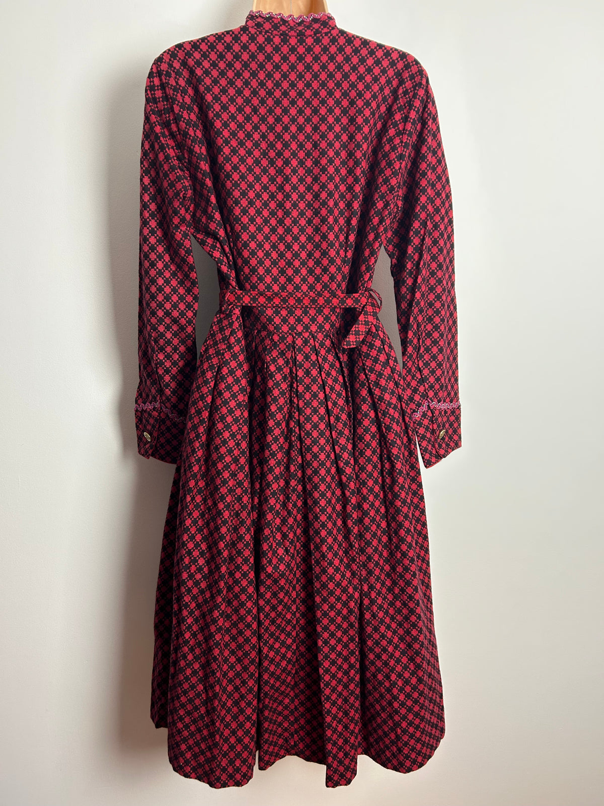 Vintage 1950s Size 12 Red & Black Check Braid Trim Long Sleeve Belted Folk Style Dress