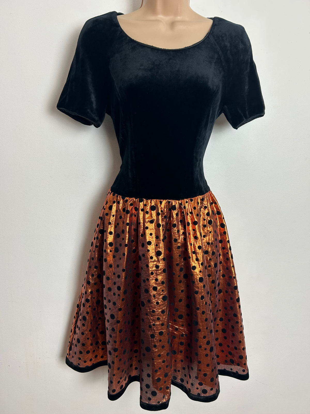 Vintage 1980s Size 10 Black & Bronze Velour & Taffeta Flock Polka Dot Party Prom Style Dress