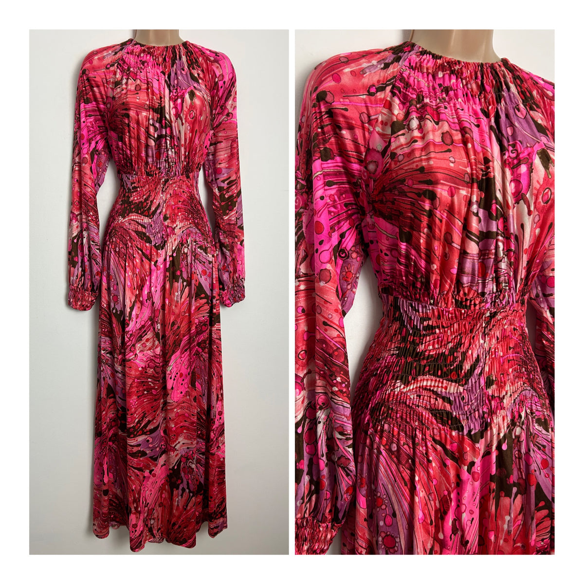 Vintage 1970s Size 10-12 Pink Abstract Psychedelic Print Long Sleeve Shirred Neck Maxi Dress