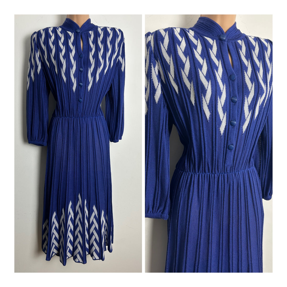 Vintage 1980s MEDICI BY GILL HARVEY Italian Size 10 Navy Blue & White Patterned Knitted Midi Dress