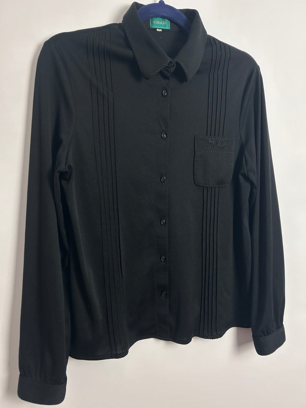 Vintage 1970s CANDA UK Size 12 Black Pintuck Pleated Long Sleeve Pocket Detail Shirt