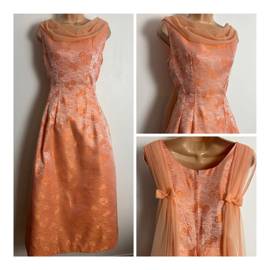 Vintage Early 1960s Size 10 Peach Floral Brocade Watteau Shoulder Train Special Occasion Dress