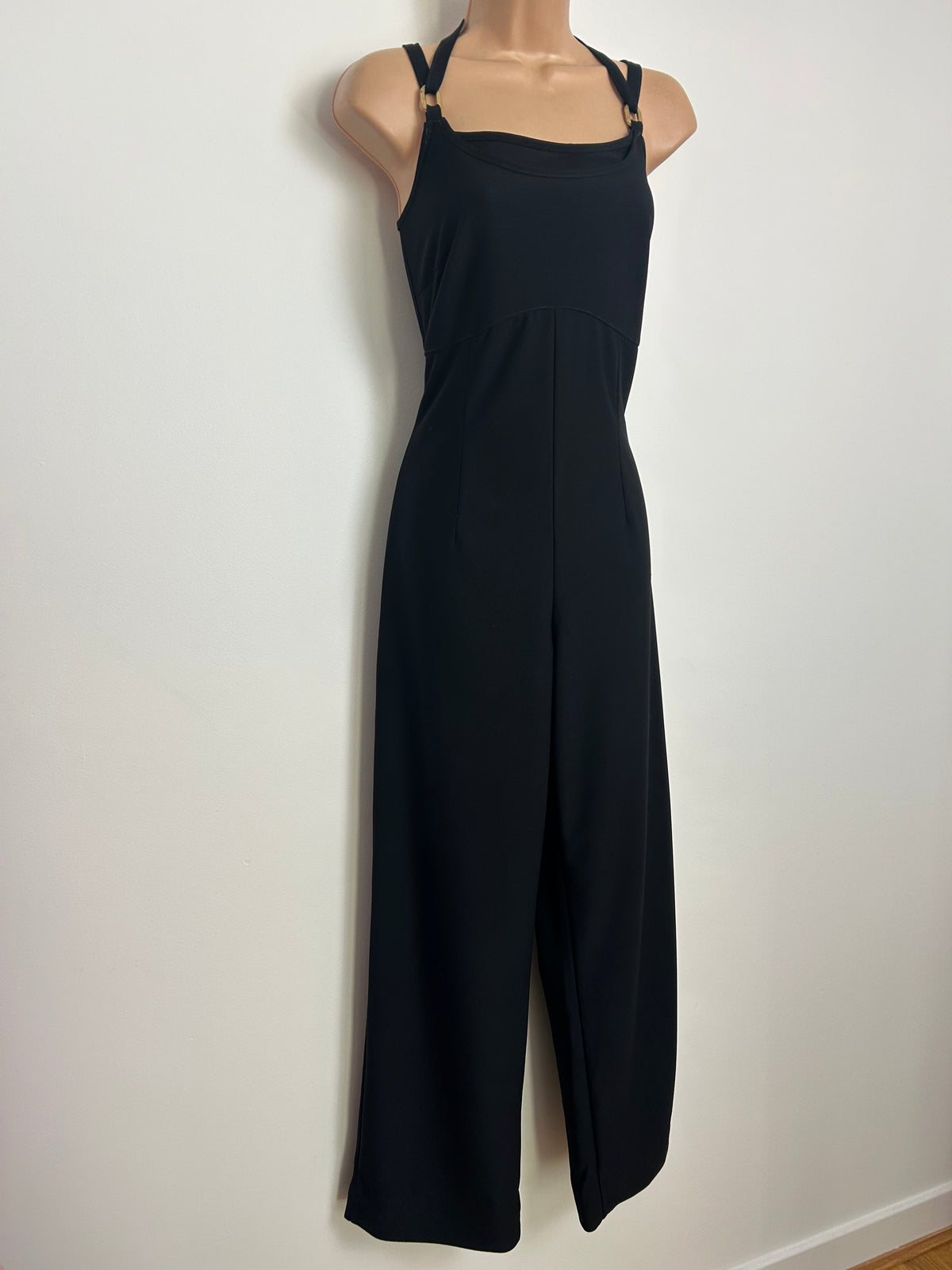 Vintage Late 1970s Size 8 Black Strappy Wide Straight Leg Jumpsuit