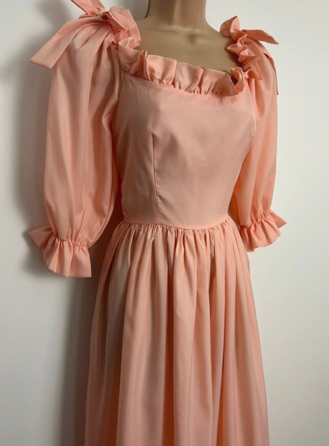 Vintage Late 1970s Size 6 Peach Bow Shoulder Detail Prairie Maxi Dress